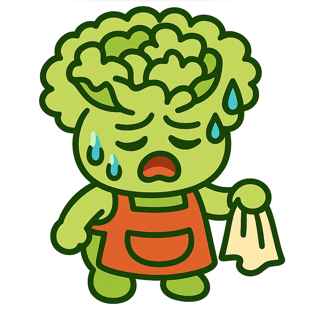light green carnation flower with a messy apron and exhausted face, sweat dripping, holding a cleaning rag, super round chibi style, vibrant-toon style emoji