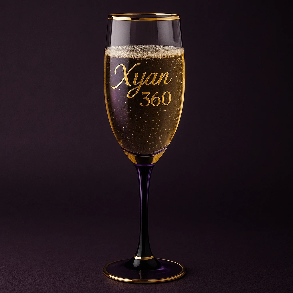 champagne glass with 'Xyan 360' etched in gold, purple and black accents, sophisticated and celebratory emoji
