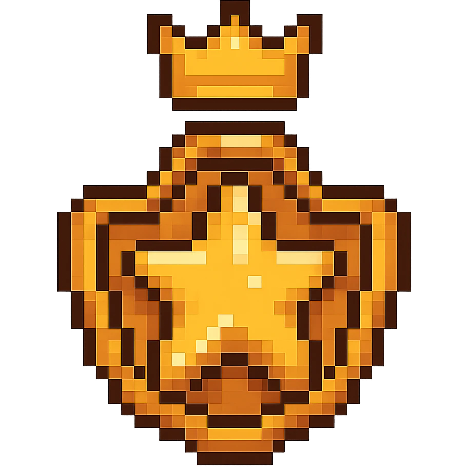 Make the gold star with crown look like a star badge in pixel art style with a transparent background. Keep the pixel art style look and feel. emoji