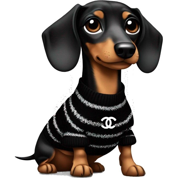 Dachshund wearing black and white Sweater with chanel logo  emoji