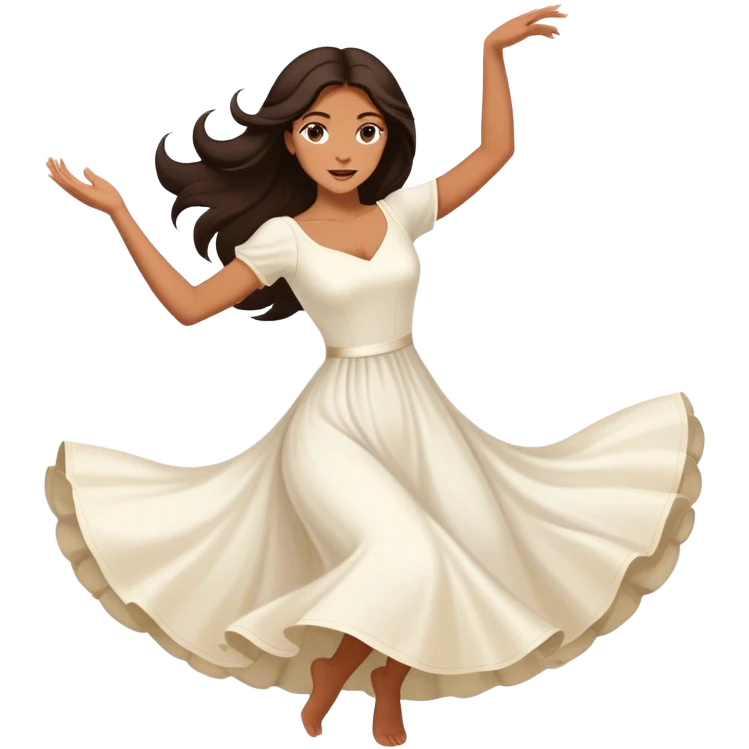 Beautiful woman in 1950’s woman fashion look, white dress, long dark brown hair, balboa couple dance, toss-out movement emoji
