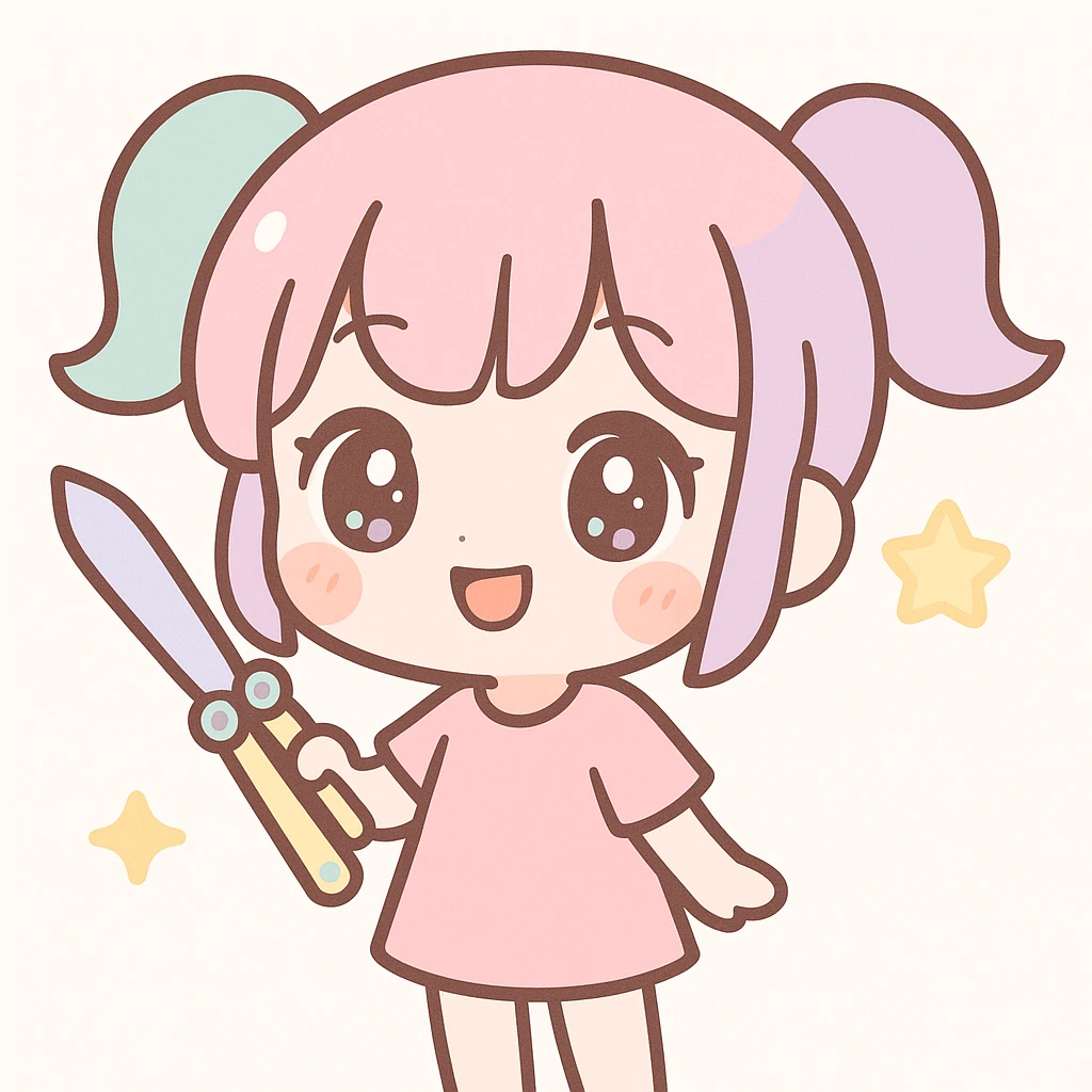 chibi anime girl with a balisong, oversized head, sparkling eyes, playful smile, pastel colors, simple background emoji
