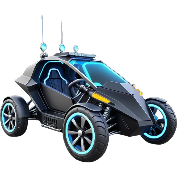 Mad max survival apocalypse ghostly sporty futuristic electric Darth Vader’s Batman-armored 1876 black graphite colored enclosed twin seat town buggy with horizontal holographic 3d stars painted on the body sides and neon under glow  emoji