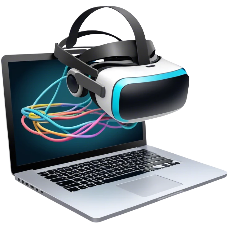 VR headset lying next to a laptop, connected by wires. On the laptop screen a VR/AR modeling program is opened. Floating 3D models or virtual objects. Modern, tech-inspired colors. No emojis or smiley faces. Transparent background. emoji
