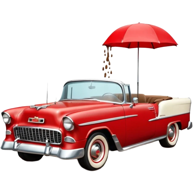 1955 Chevrolet Bel Air Convertible, Red-White color, with a bucket of brown mud pouring down on it, and the car itself is covered in brown mud on the sides that has stuck.32x32 pixels, aspect ratio: 1:1 emoji