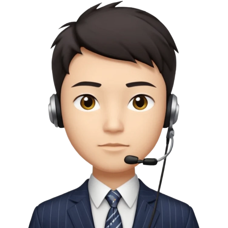gay young Asian man with light skin, short dark hair styled upward with a sharp spiked swoop in front, slightly narrowed almond-shaped eyes with a confident, knowing squint, a clean-shaven face, and a sleek single-ear headset, wearing a dark pinstripe suit with a patterned shirt tie emoji