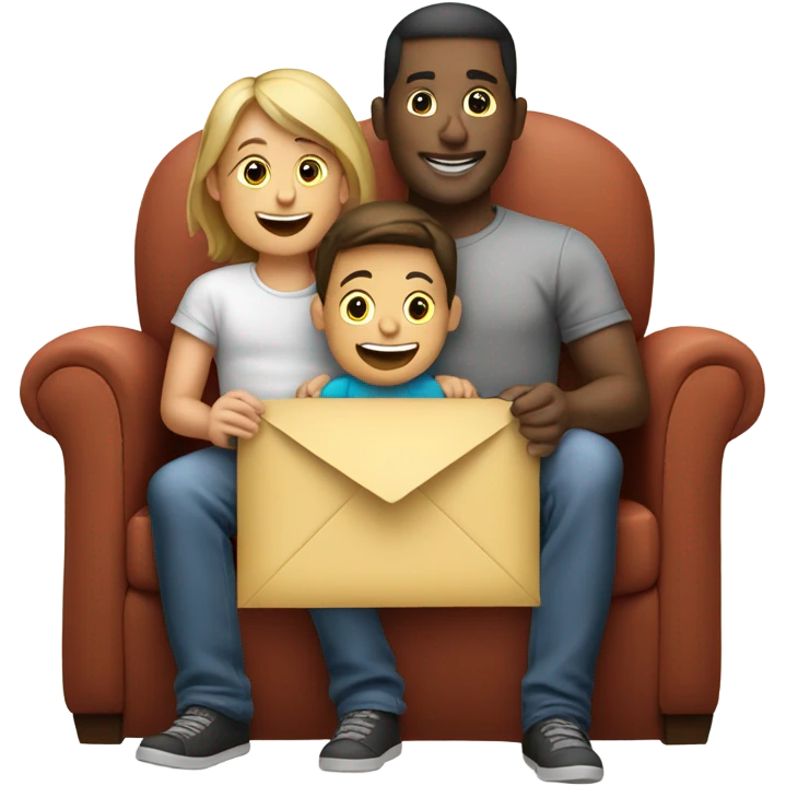 2 young kids sitting on fathers lap on sofa opening up an envelope emoji