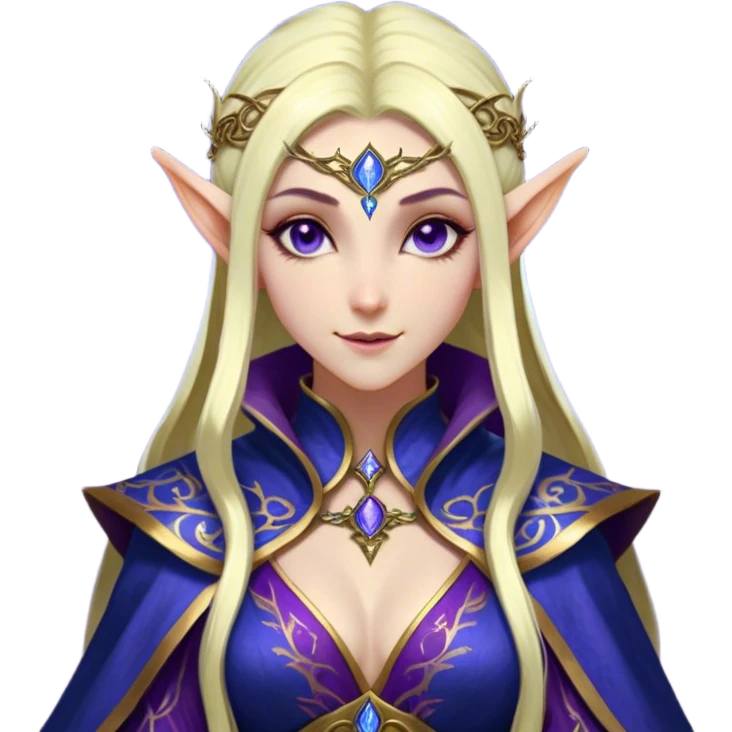 Cinematic Realistic WoW Elf Mage Portrait, head tilted dramatically with an exaggeratedly amused expression, blending timeless arcane wisdom with a touch of unexpected playfulness. Her luminous, porcelain-like skin and delicate features, complemented by an intricately detailed robe in deep blues and purples with golden filigree, are rendered with lifelike texture and dynamic magical lighting, high shine, dramatic yet whimsical, capturing the essence of an elven mage whose epic mastery is tinged with charming irreverence. emoji