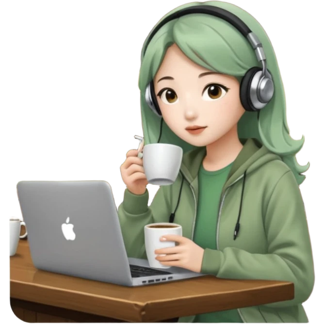 A Korean girl at a dive bar with a laptop and headphones with coffee watchin a korean drama the clothes in sage green emoji