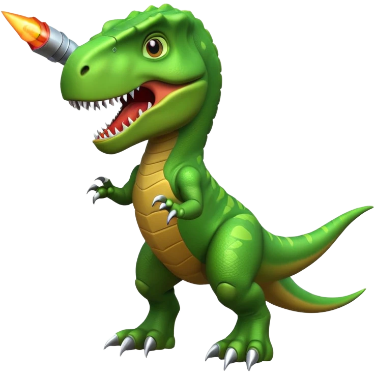 fierce rocket-propelled dinosaur, armored T-rex, rocket thrusters, intense eyes, dynamic action pose, 3D cartoon, mobile game icon style, clean background, no text, no watermark
 emoji