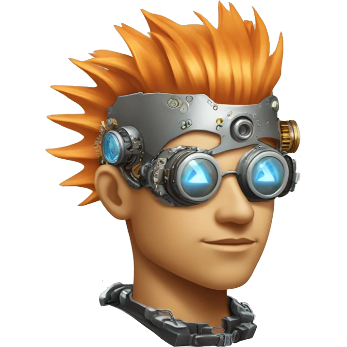 Light orange Mohawk hair male cyborg head with silver steampunk goggles and circuits emoji