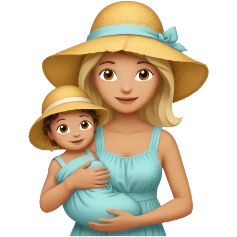 A mom in a sunhat holding her baby gently, wearing a sun-dress while smiling softly. emoji