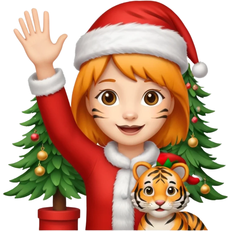 Happy girl tiger waving by a Christmas tree wearing a Santa hat emoji
