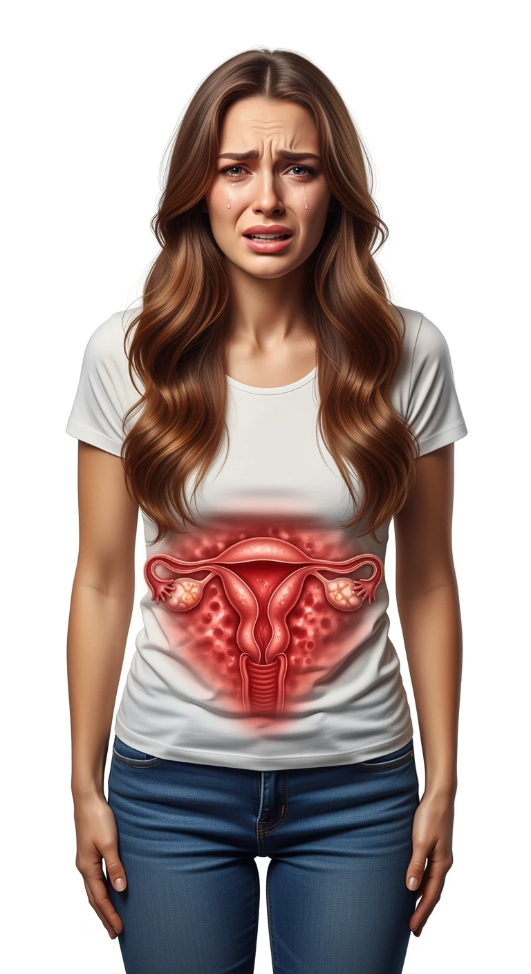 donna a figura intera con utero umano realistico in evidenza dolorante, espressione di dolore in volto, sfondo bianco, non farla computerizzata, ma iperrealistica 4k emoji