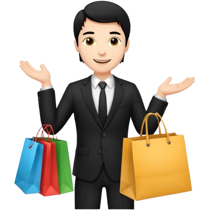 a white elegant man black hair in a black suit with clothing shopping bag emoji