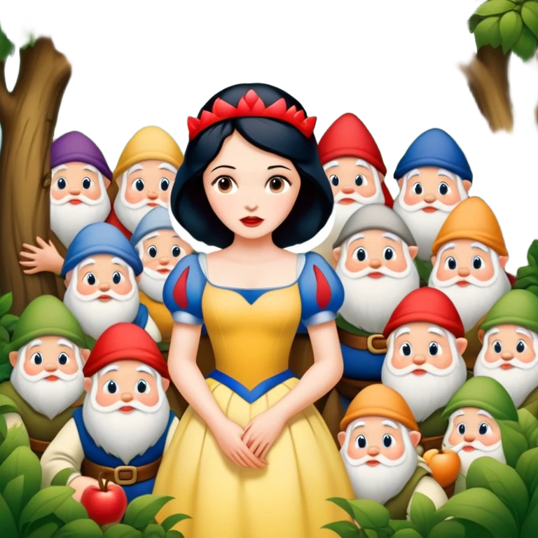 Snow White standing gracefully in a lush forest, surrounded by the Seven Dwarfs emoji