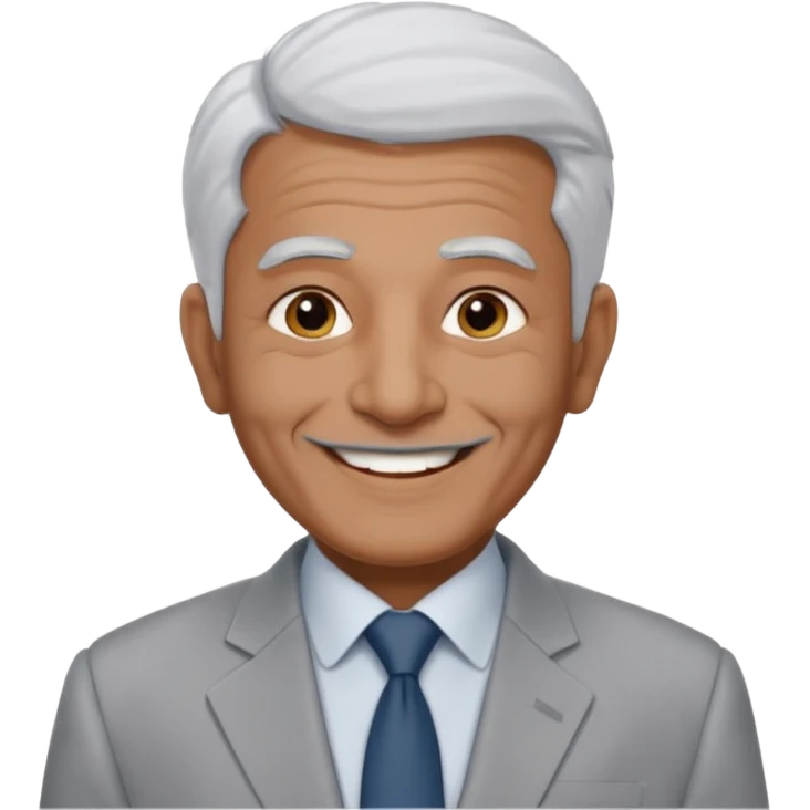 70 yr old man, very short spike white hair, pakistani, light grey business suit, big smile, dark skin, no facial hair
 emoji