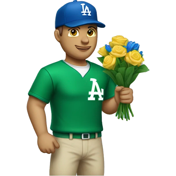 an white man stands still with a "dodger" written green cap and clothes holds flowers emoji