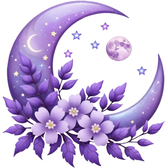 Beautiful poetic ethereal romantic magical aesthetic sparkly glittery shiny pretty floating pastel lilac lavender Violet moon and flowers and leaves aesthetic deco emoji