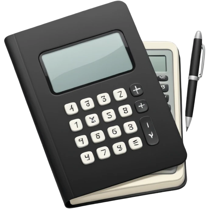 Minimalistic flat vector icon, iOS style, thin black contour on white background. Small black notebook with visible binding, placed next to a calculator. Clean, modern, no text, no shadows. emoji