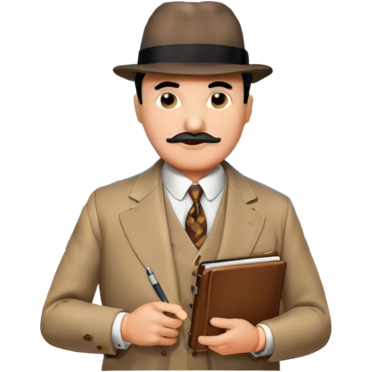 A cinematic-style frame showing Hercule Poirot in his iconic suit with a notebook in a dramatic detective pose. Background should be mysterious city, map, a board with photos of suspects, clues like fingerprints. Transparent background. emoji