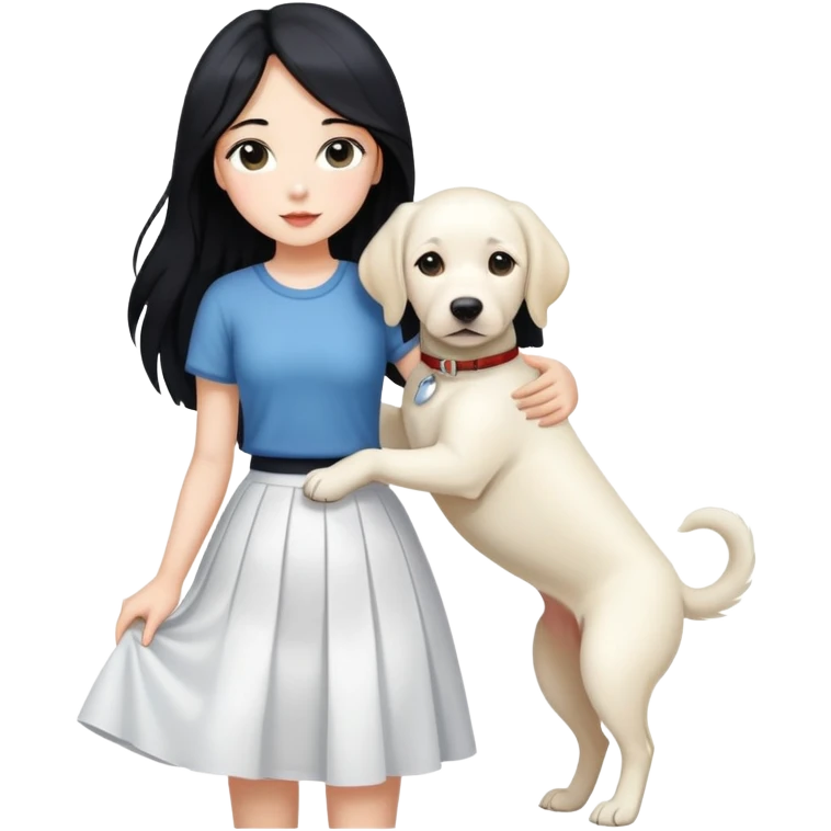 A girl with long black hair, a beautiful white skirt and fair skin is holding a white Labrador emoji