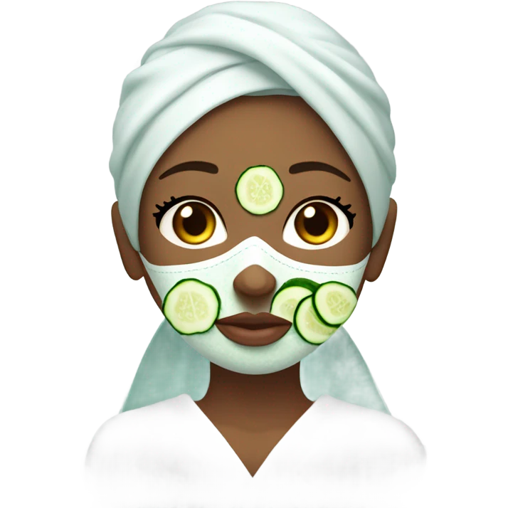 Girl with freackles Brown hair white skin and blue eyes wears Green colored texture skin care mask all over her face while She relaxes and puts two round piece of cucumber on her closed eyes In a white Robe emoji