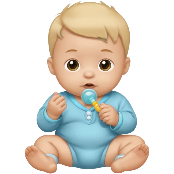 A cartoon baby with light skin, small tuft of hair, wearing a baby outfit, holding a pacifier, front-facing emoji