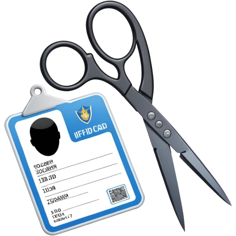 Floating black Scissors cutting an idf soldier ID card in 2 parts .hyper realistic emoji