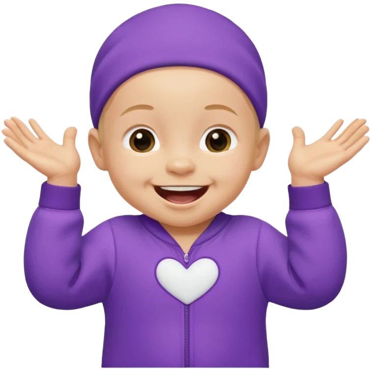 A baby wearing a purple onesie, laughing joyfully. hands down emoji