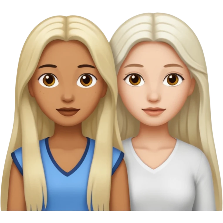 Dos mujeres juntas que una sea de color trigueña y de color blanca, cabello largo emoji