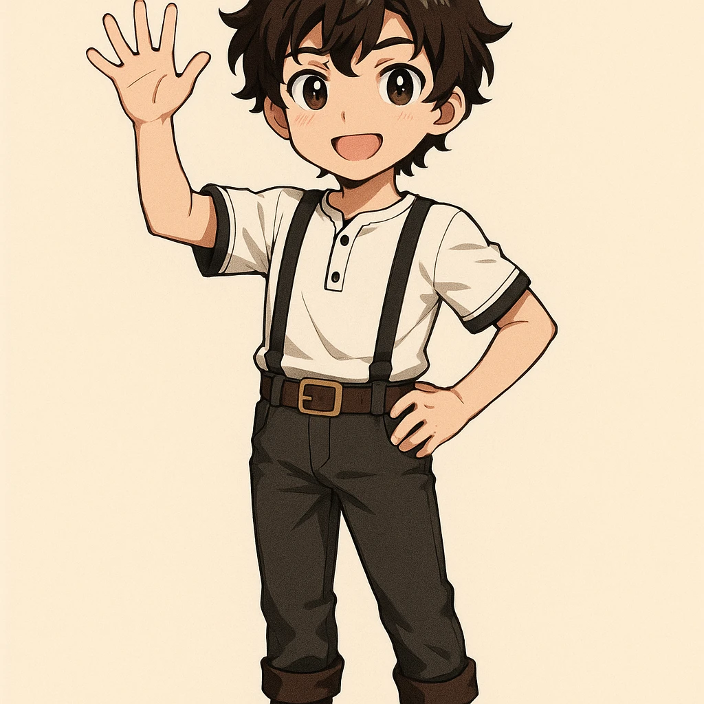 young anime boy with dark wavy hair, wearing a simple golden crown, white shirt with black trims and black suspenders, dark pants with belt and boots, standing confidently with one arm raised saying hello emoji