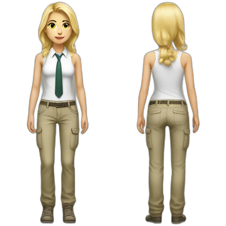 full body white blonde girl with cargo pants, white tank top and tie emoji