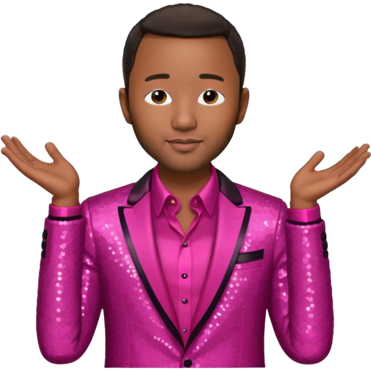 John Legend with dark brown hair, dark pink sequin suit jacket, red shirt emoji