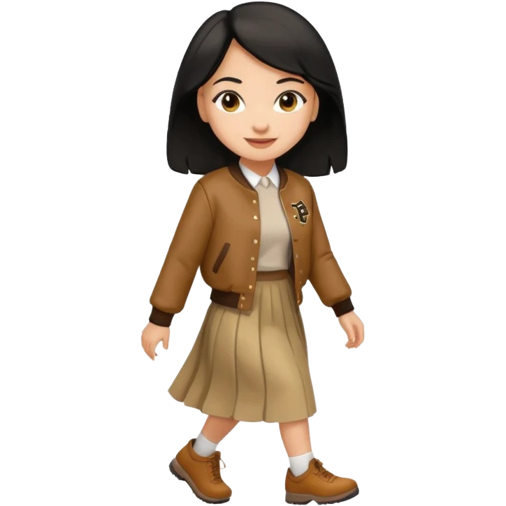  light skin, black cololong hair girl with brown varsity jacket and long skirt walking  emoji