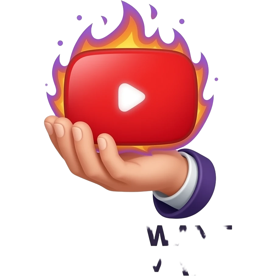 A wizard’s hand holding a glowing, magical YouTube logo like a fire spell. Text bellow: "DO YOU WANT CONTENT MAKER?" High fantasy, mystical particles, clean, sticker style emoji