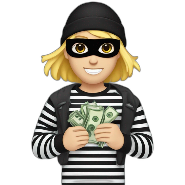robber with blonde hair wearing a black beanie and a long sleeved white and black horizontally striped t-shirt and wearing black eye mask and holding a bag of money in their left shoulder emoji