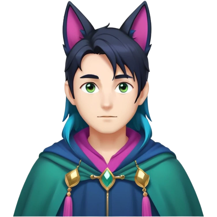 anime man with long-straight-dark-blueish-black-gradient hair, long black fox ears with pink Scapha, hazel-gradient-brown-turquoise eyes, gold earring, dark-blue-sweater, green cape,  emoji