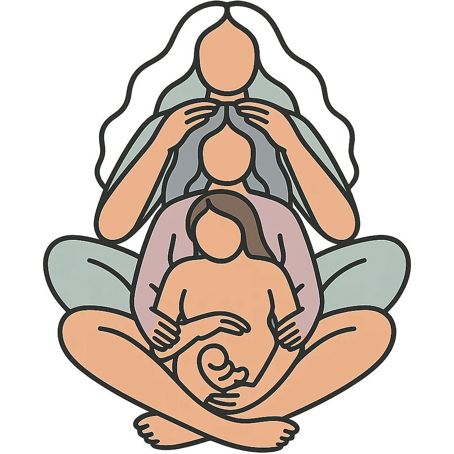 Variant: Several generations of women sitting one behind the other as in the reference, all dressed in flesh-colored bodysuits, Chinese Eastern style, icon-color-outlined style with thin clean contours, soft rounded shapes, pastel palette #98B5BC, #B5B3C1, #C9A3C9, #E4C0CA, #F7DCD1, #F7C0AA, expressive shadows, transparent background, no decoration, less cute. Composition and poses as in the reference. emoji