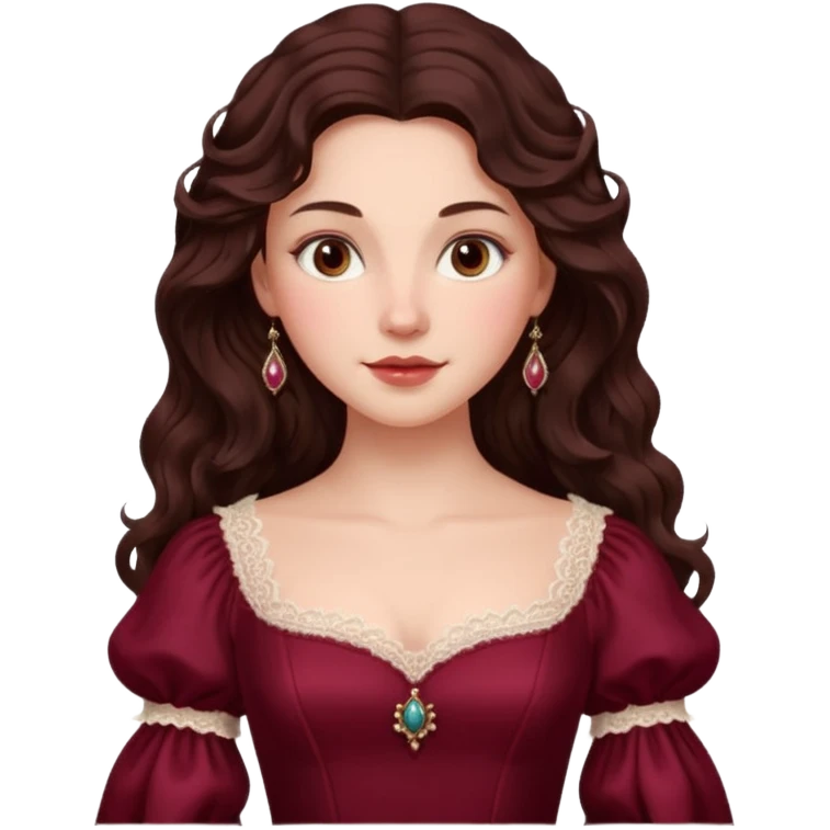 Renaissance lady – long dark brown wavy hair, burgundy gown with lace neckline emoji