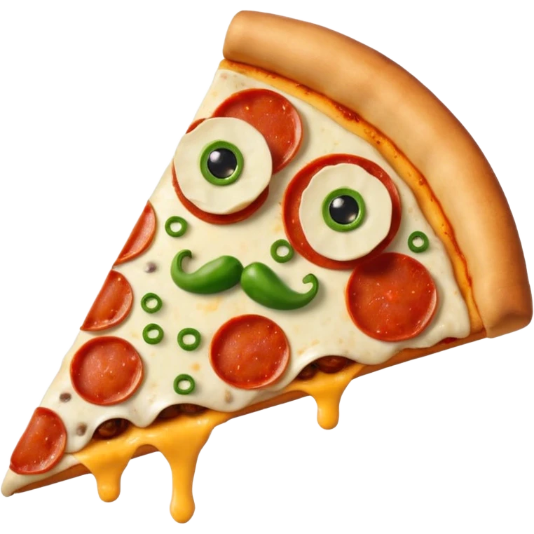 Make a photo of a pizza with pepperonis from eyes and mushroom from the nose and green bell pepper from the mouth and mustache emoji