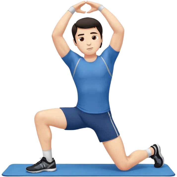 Hombre blanco pelinegro haciendo ejercicio de estiramiento, calentamiento emoji