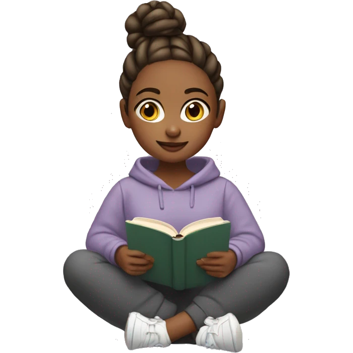 Girl with bun and in sweatshirt and sweatpants reading a book emoji