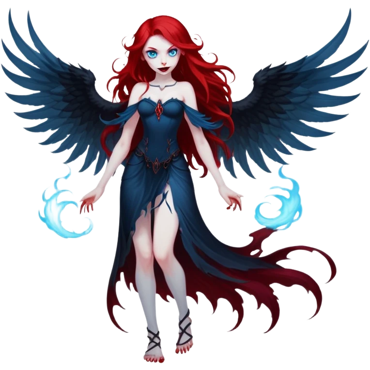 full body portrait of an extremely diabolical girl with pale white skin, massive towering wings, very long flowing blood red hair, glowing blue eyes, evil grin, no accessories, with swirling red and black smog/smoke at the bottom of her feet emoji