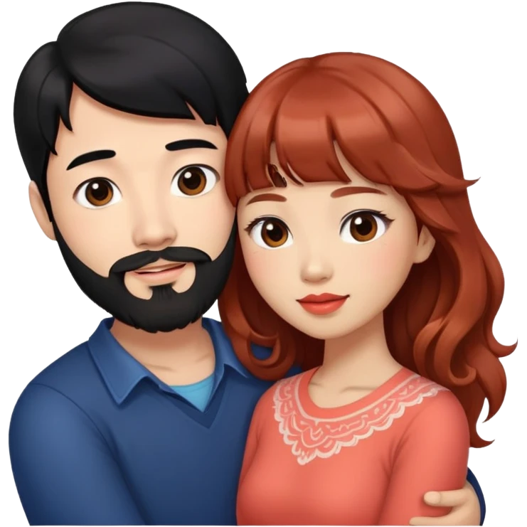 handsome tall asian man with black hair and beard, hugging cute woman with light tan skin and long wavy reddish brown hair with bangs and coral lipstick emoji