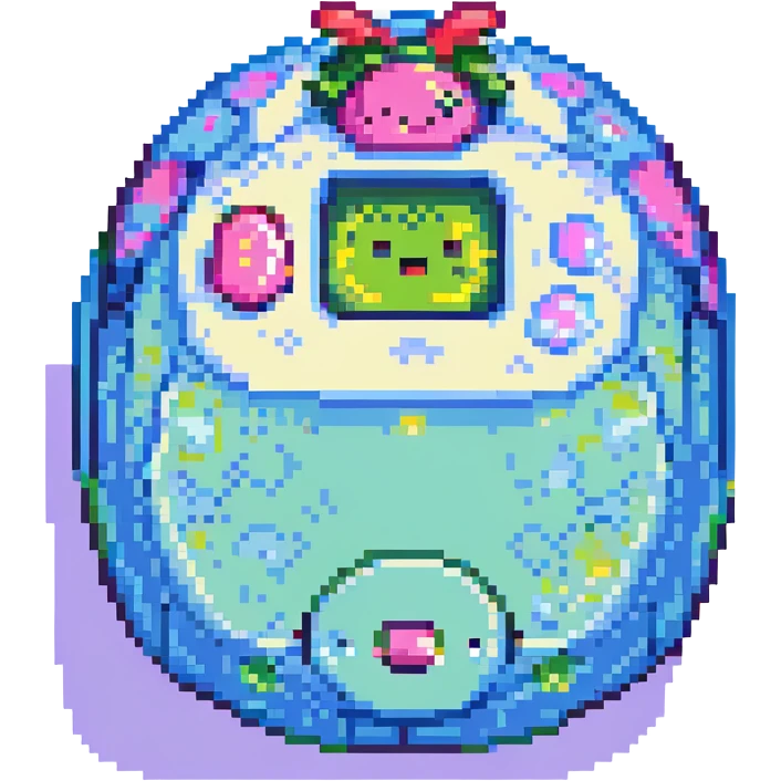 Tamagotchi virtual pet device, pixel art style, bright colors, retro digital look emoji