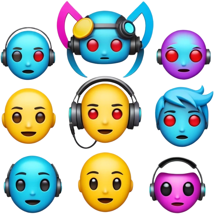 Create a unique emoji pack named Suevpnx. The style should be modern, expressive, and slightly edgy with a cyberpunk or digital vibe. Each emoji should represent different emotions and reactions—such as joy, sadness, anger, love, confusion, sarcasm, and surprise—with a consistent character or theme throughout the pack. The character can be a futuristic humanoid, a digital creature, or a symbolic avatar that reflects a mysterious yet playful personality. Use vibrant colors, smooth gradients, and a sleek aesthetic. Each emoji should be visually distinct but clearly part of the same universe. emoji