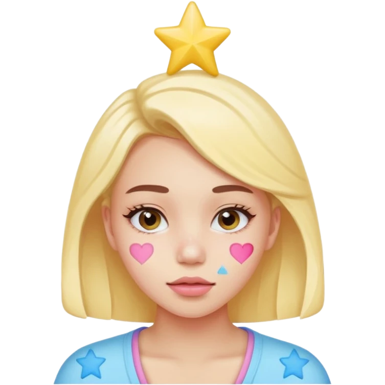 A cute emoji-style young woman with a small pimple on her cheek covered by a colorful pimple patch shaped like a star or heart,The sticker is glossy and pastel-colored (pink, yellow, blue). emoji