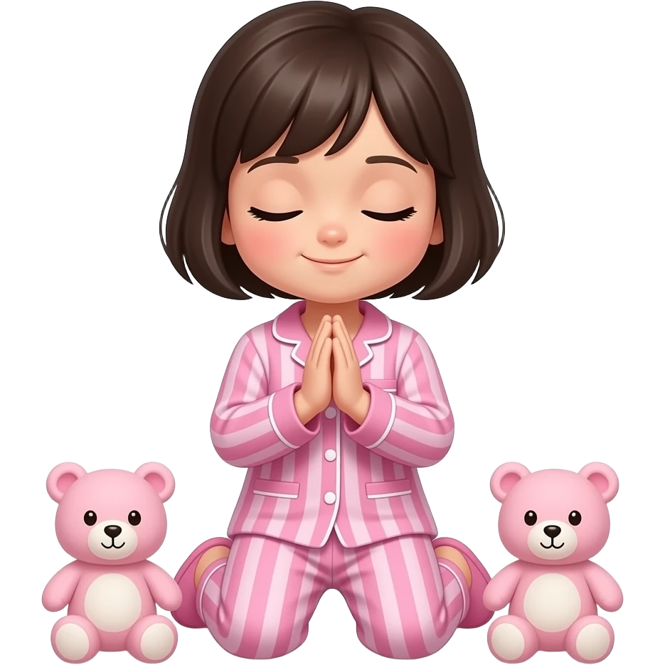 chica de cabello oscuro y corto sin accesorios, con ojos color cafe, con una pijama color rosa con rayas y una pantuflas de osito rosa, de rodillas orando con los ojos cerrados, sin peluches alrededor emoji