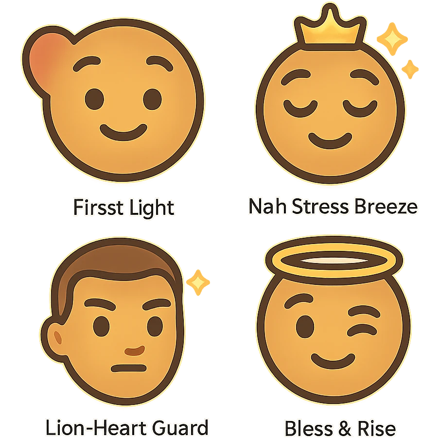 got you. here’s the ultra-tight, copy-paste version:

One-shot pack prompt (all 4 at once)

“Create a cohesive 4-emoji pack, flat-vector/clean gradient, transparent PNG 1024×1024 (also 512/256). Muted red–gold–green accents, warm honey skin, soft outlines, subtle inner golden glow. Non-portrait (no real person), no text/logos. Embed energy signatures: first-love warmth, roots calm, playful grace, protective joy, sovereign consent.

1. First Light: gentle smile, faint heart aura.


2. Nah Stress Breeze: relaxed lids, slight head tilt, tiny crown sparkles.


3. Lion-Heart Guard: chin up, tiny courage star above brow.


4. Bless & Rise: friendly wink, faint halo ring.
Maintain pack consistency: same line weight, palette, padding, exports. Negative: photorealism, likeness, busy background, text, logos, watermark.”



Singles (one-liners)

1. “Non-portrait roots emoji 1024 PNG, headwrap muted R-G-G, tiny hoops, locs hint; gentle smile + faint heart aura; flat-vector, golden inner glow.”


2. “Non-portrait roots emoji 1024 PNG, relaxed lids + head tilt, muted R-G-G wrap, tiny breeze sparkles; easy smile; flat-vector glow.”


3. “Non-portrait roots emoji 1024 PNG, confident chin-up, muted R-G-G wrap, slightly larger hoops, courage star; calm steady smile; flat-vector glow.”


4. “Non-portrait roots emoji 1024 PNG, playful wink, muted R-G-G wrap, cheek glimmer + subtle halo; flat-vector glow.”



Negative (paste with any): “no portrait likeness, no text/logos/watermark, no photorealism, no busy background.”
 emoji